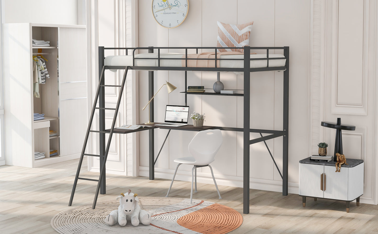 Metal Twin Loft Bed with Desk and Shelf, Twin Size High Loft Bed ( Gray）