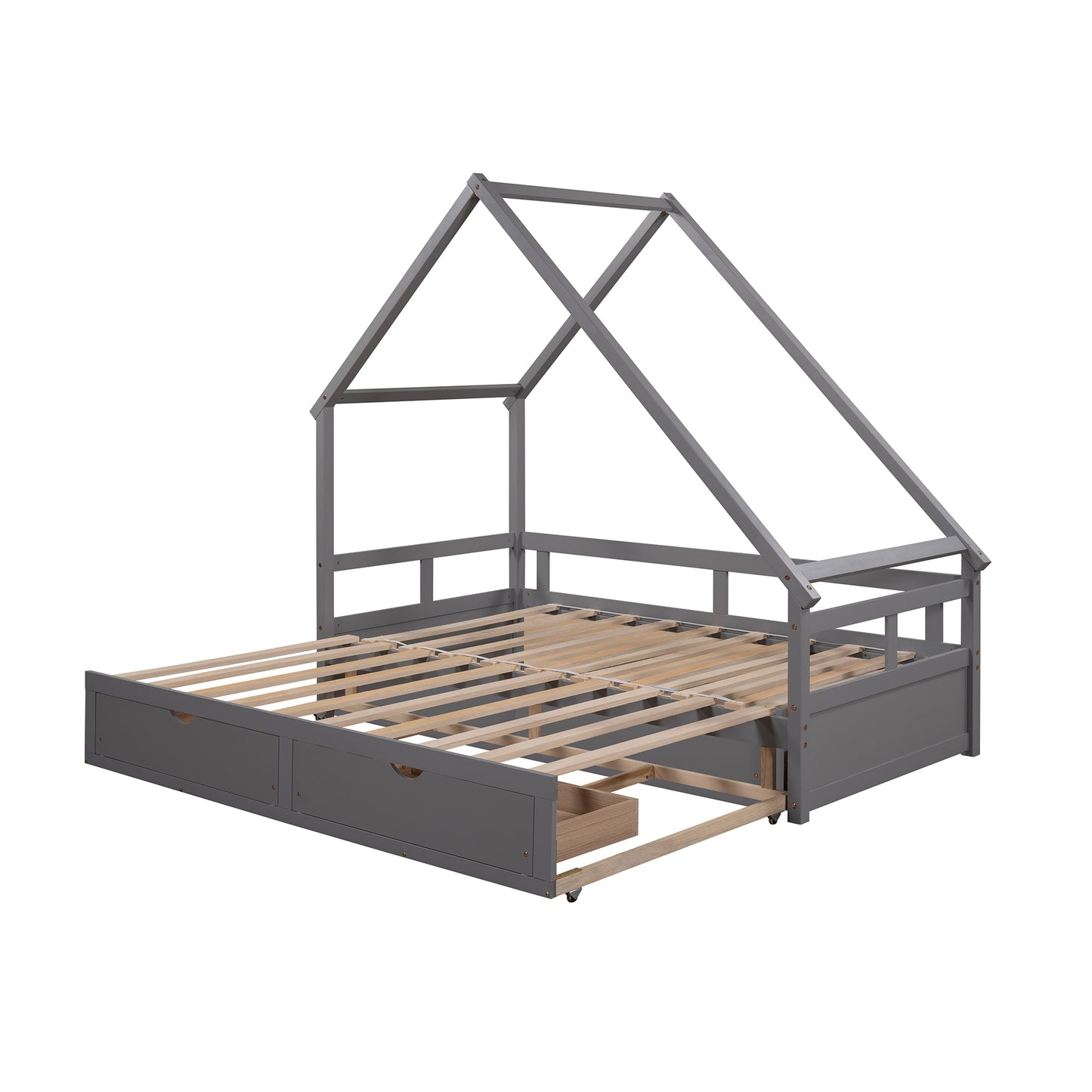 Extending Daybed with Two Drawers, Wooden House Bed with Drawers, Gray