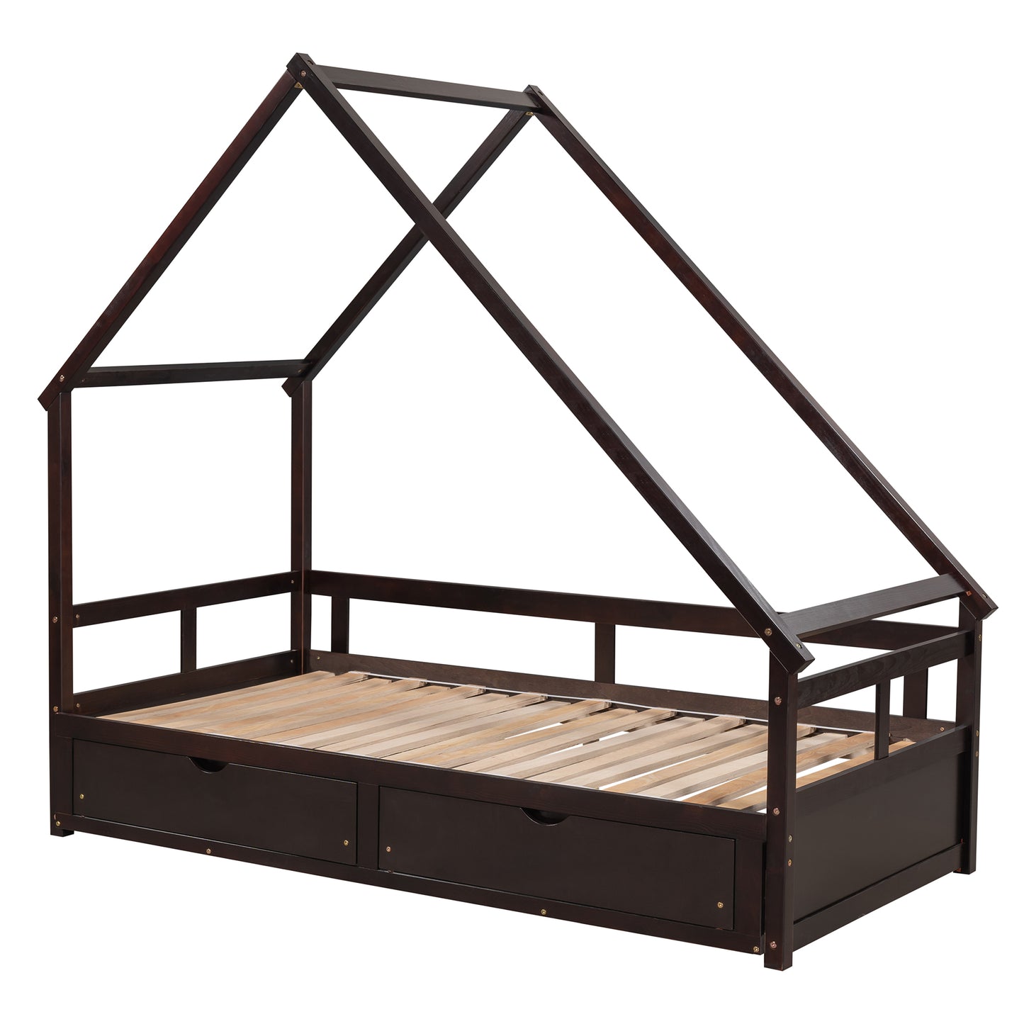 Extending Daybed with Two Drawers, Wooden House Bed with Drawers, Espresso