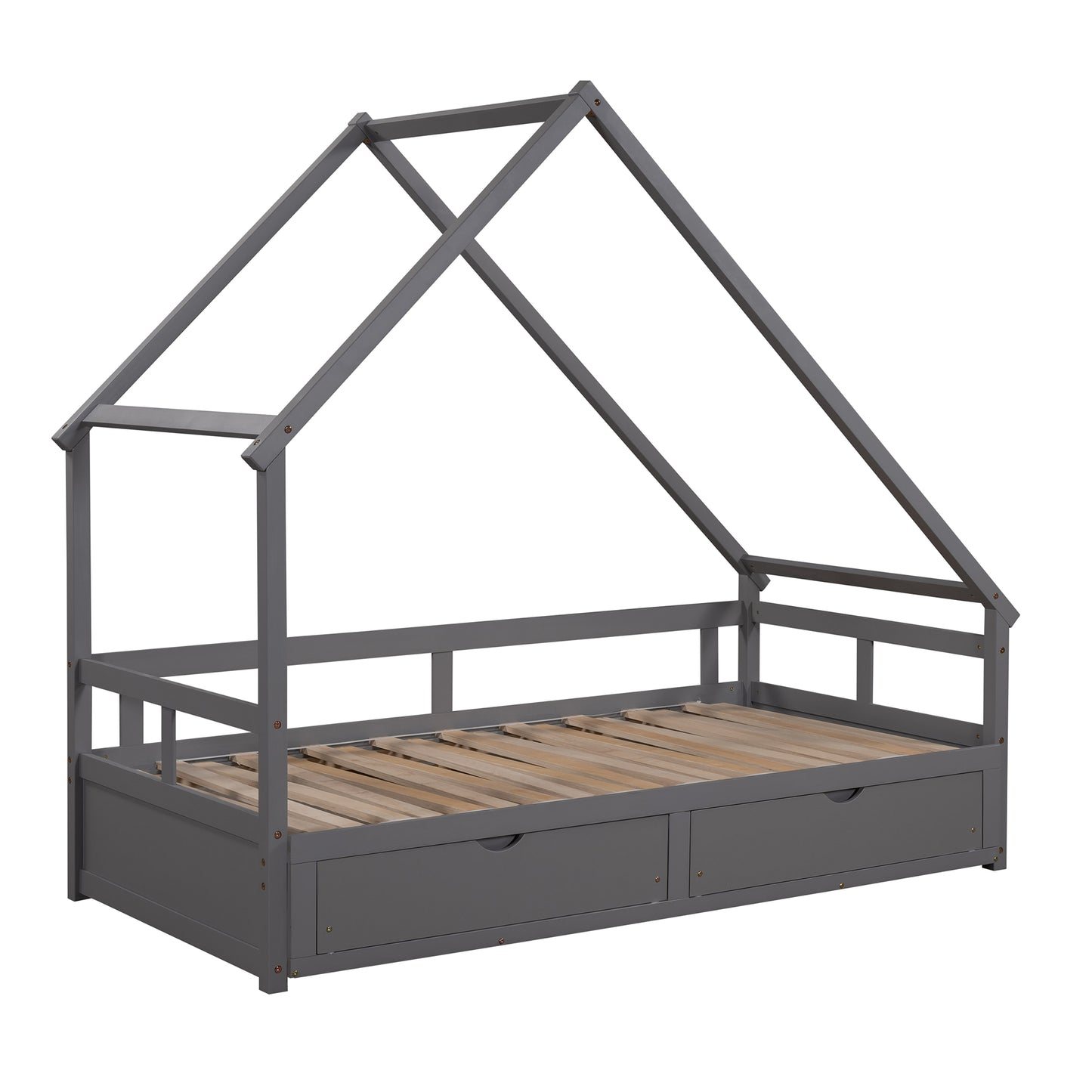 Extending Daybed with Two Drawers, Wooden House Bed with Drawers, Gray