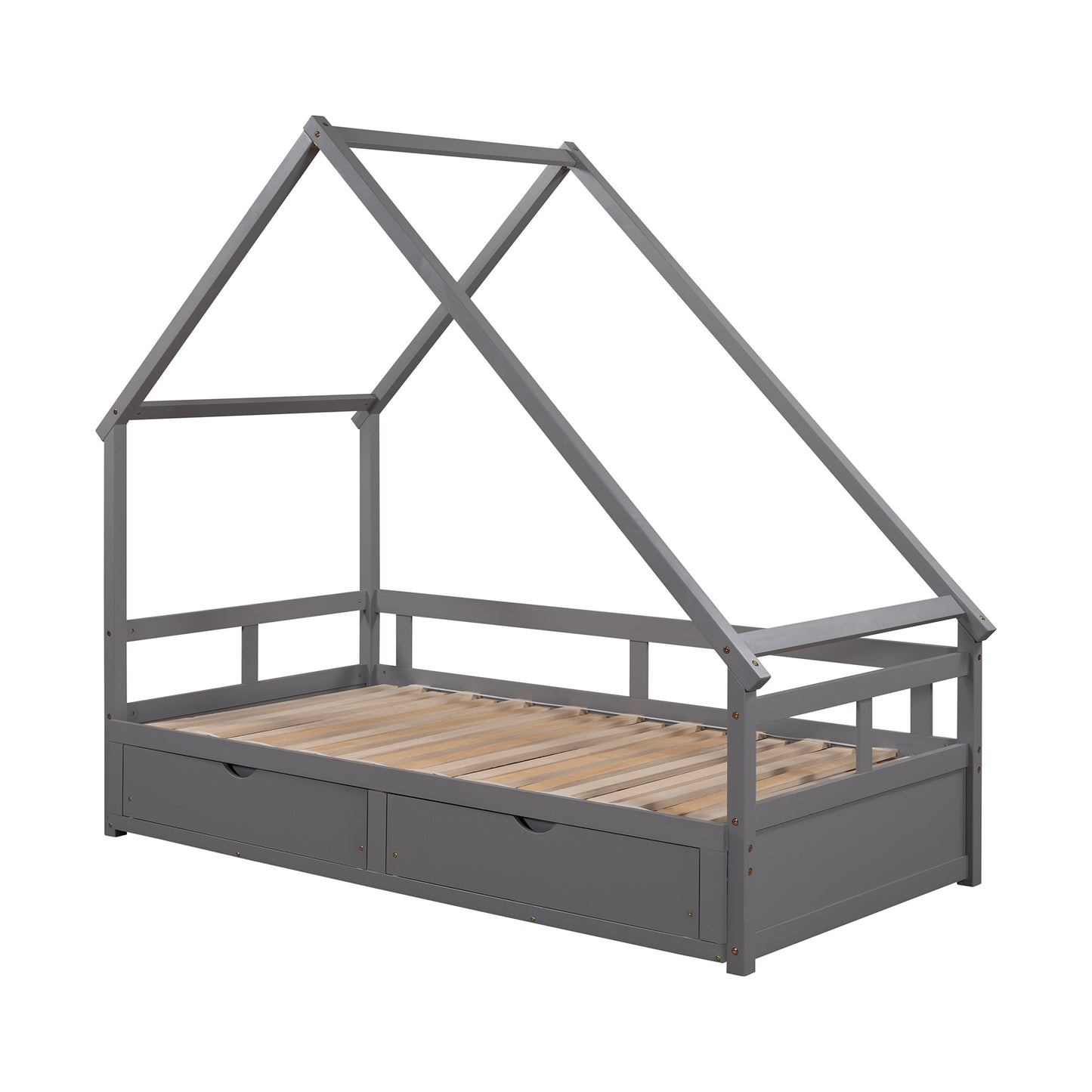 Extending Daybed with Two Drawers, Wooden House Bed with Drawers, Gray