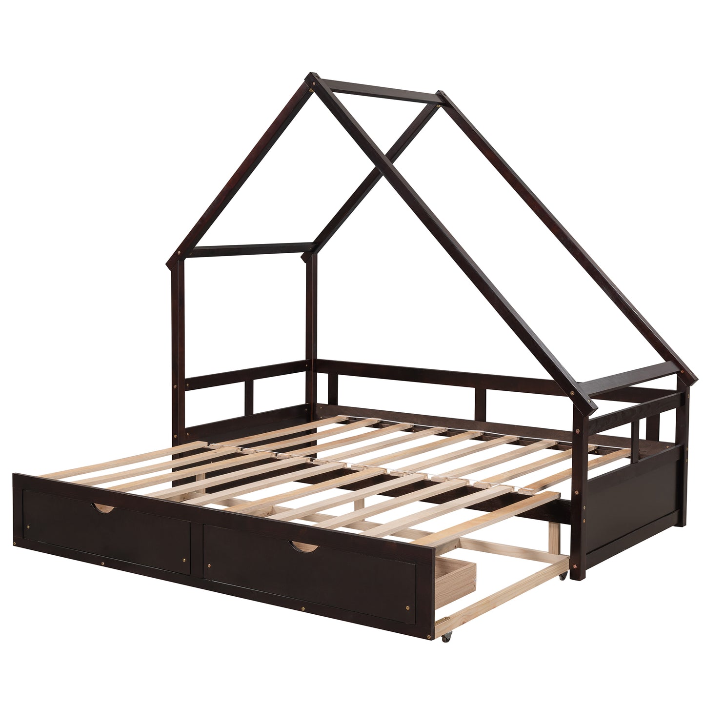 Extending Daybed with Two Drawers, Wooden House Bed with Drawers, Espresso