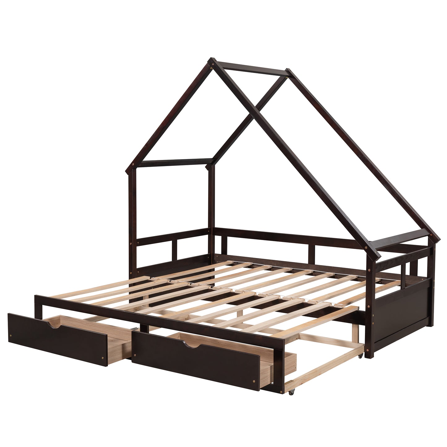 Extending Daybed with Two Drawers, Wooden House Bed with Drawers, Espresso