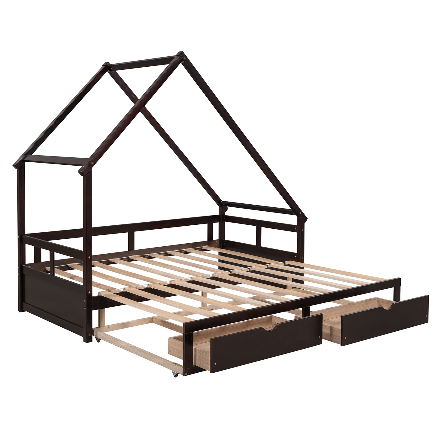 Extending Daybed with Two Drawers, Wooden House Bed with Drawers, Espresso