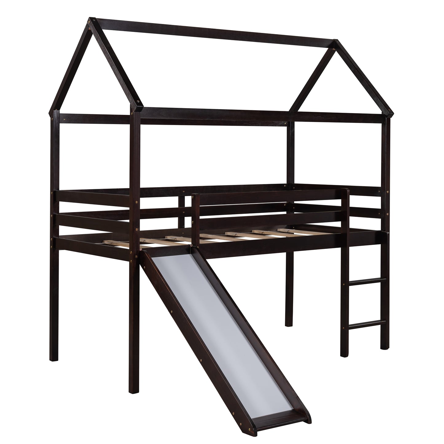 Twin Size Loft Bed with Slide, House Bed with Slide, Espresso