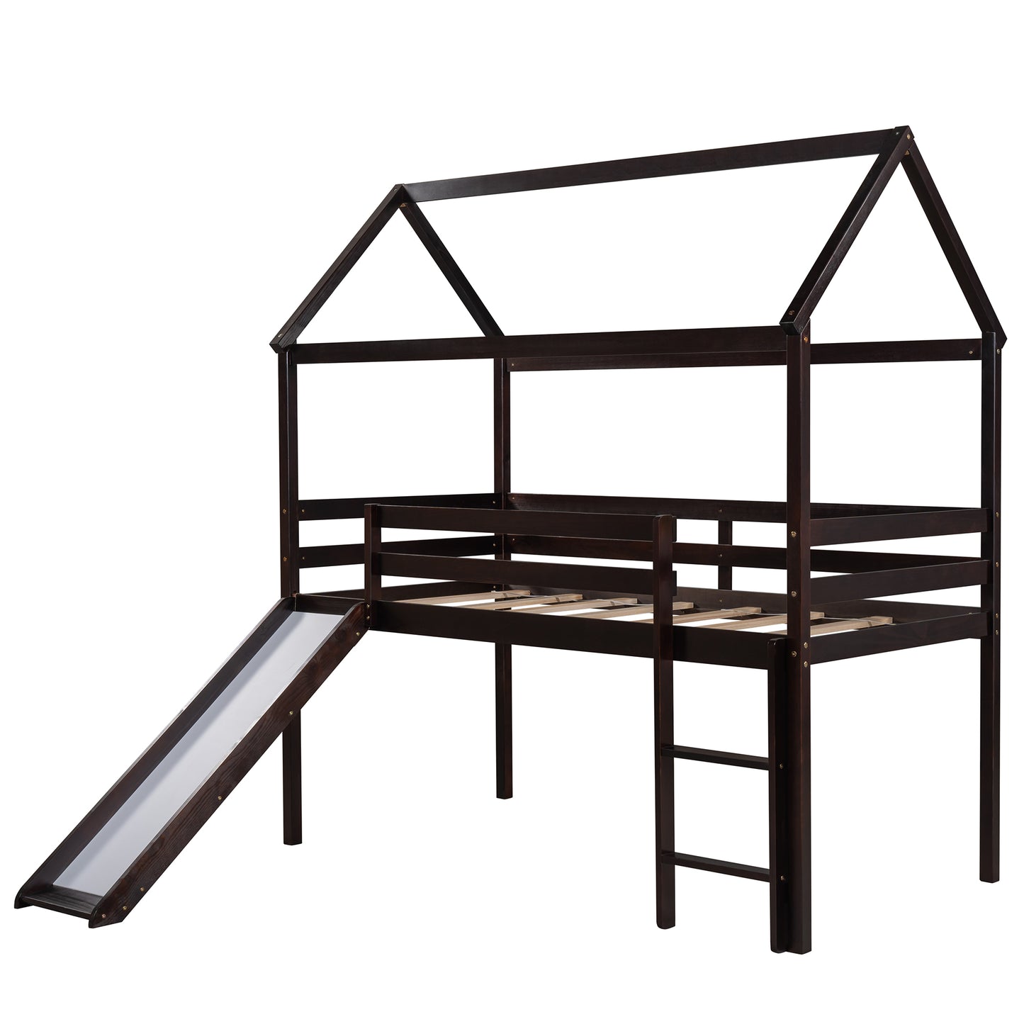 Twin Size Loft Bed with Slide, House Bed with Slide, Espresso