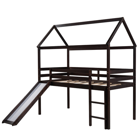 Twin Size Loft Bed with Slide, House Bed with Slide, Espresso