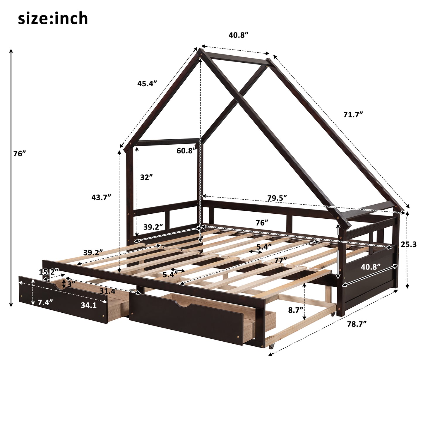 Extending Daybed with Two Drawers, Wooden House Bed with Drawers, Espresso