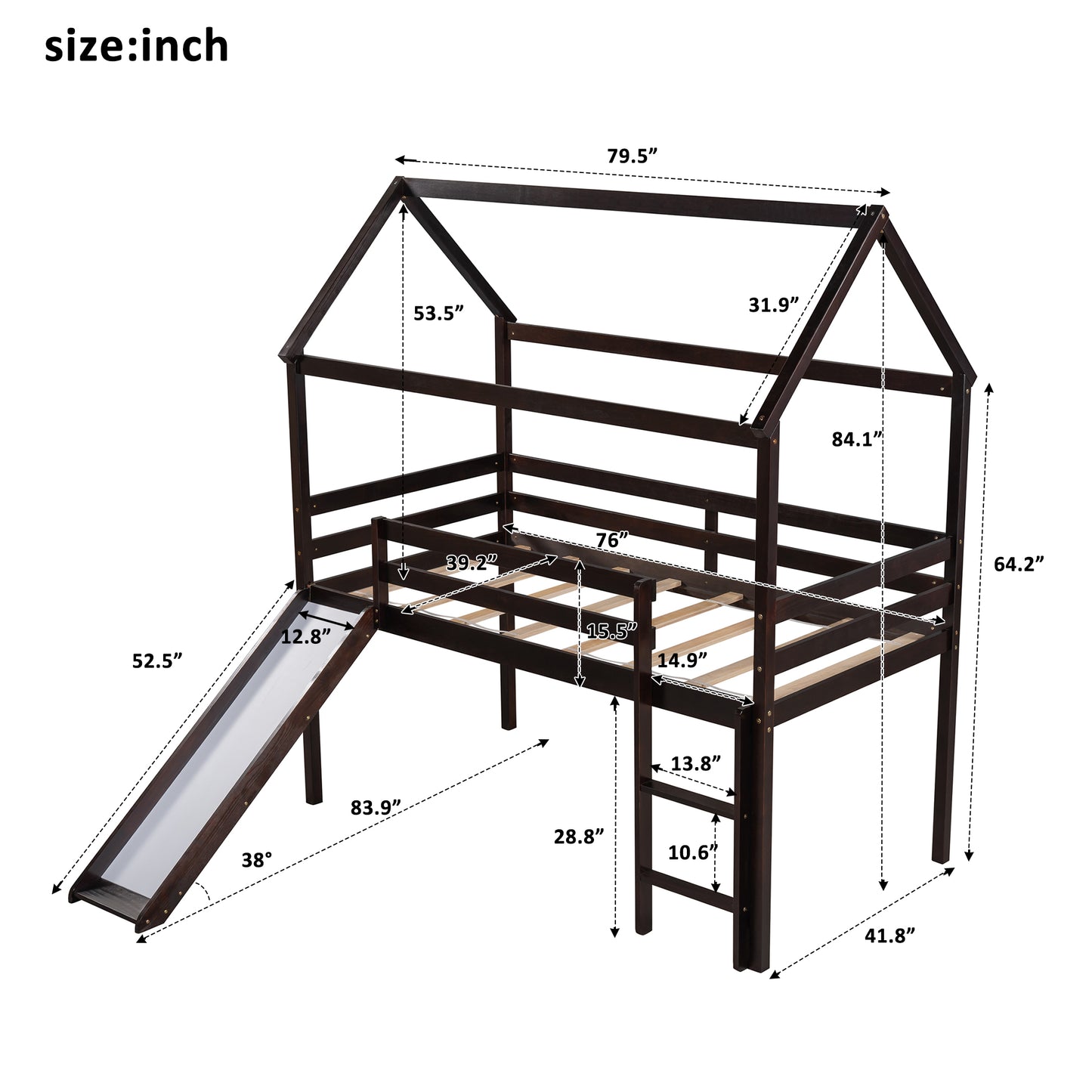 Twin Size Loft Bed with Slide, House Bed with Slide, Espresso