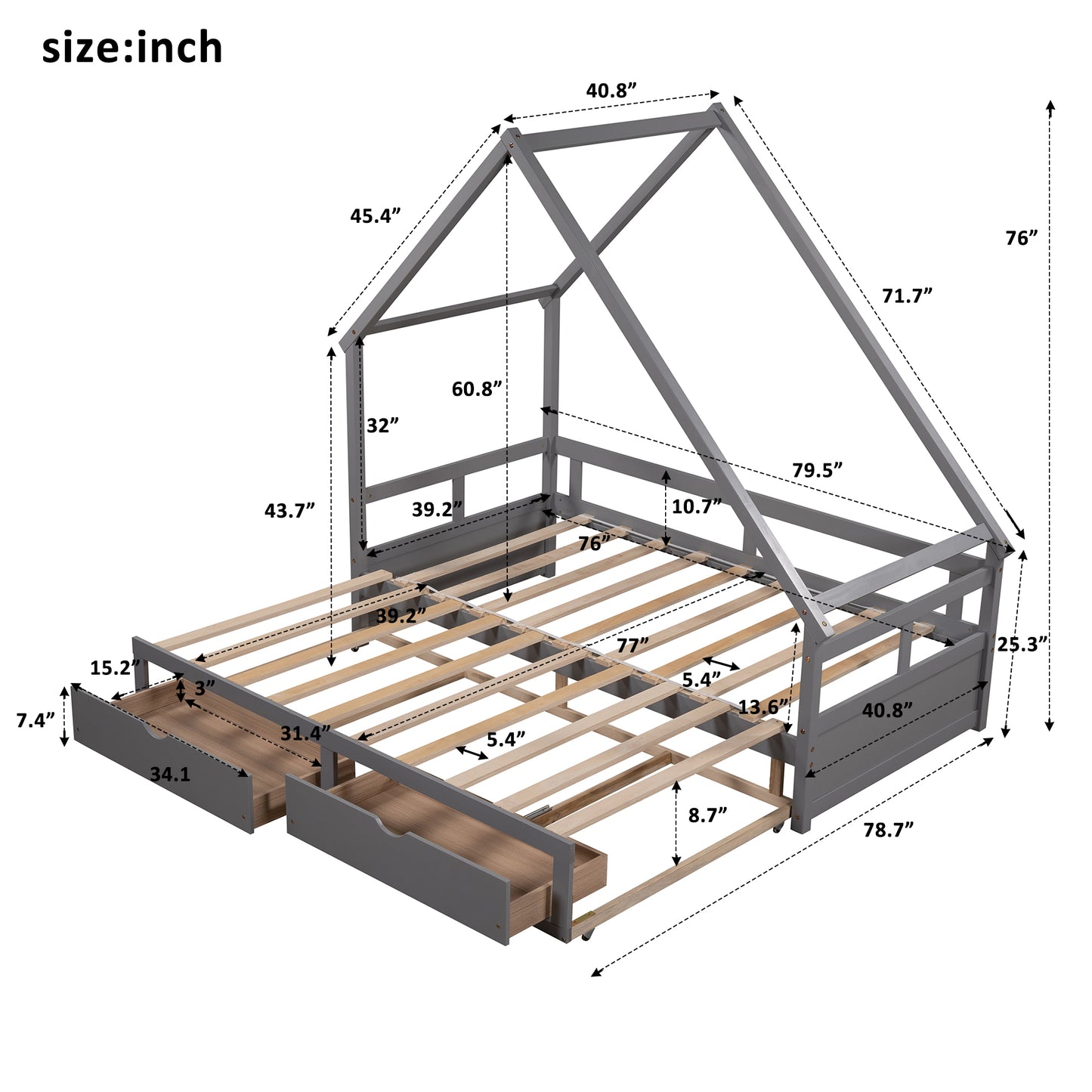 Extending Daybed with Two Drawers, Wooden House Bed with Drawers, Gray