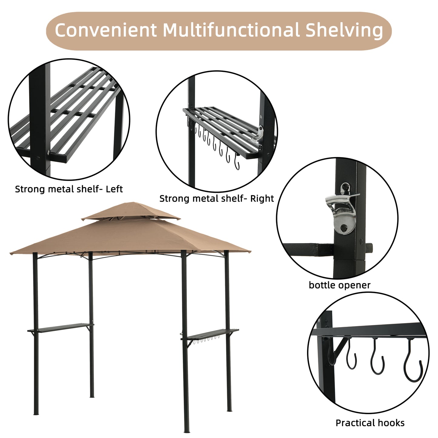 Outdoor Grill Gazebo With Light 8 x 5 Ft, Shelter Tent, Double Tier Soft Top Canopy And Steel Frame With Hook And Bar Counters, Khaki