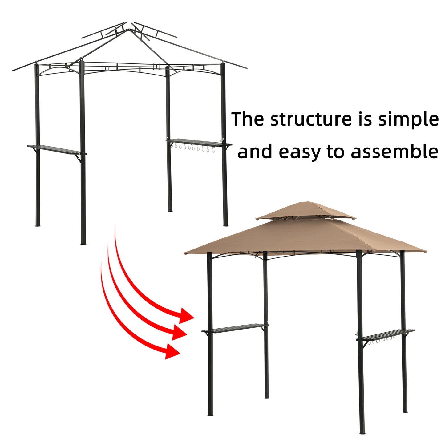 Outdoor Grill Gazebo With Light 8 x 5 Ft, Shelter Tent, Double Tier Soft Top Canopy And Steel Frame With Hook And Bar Counters, Khaki