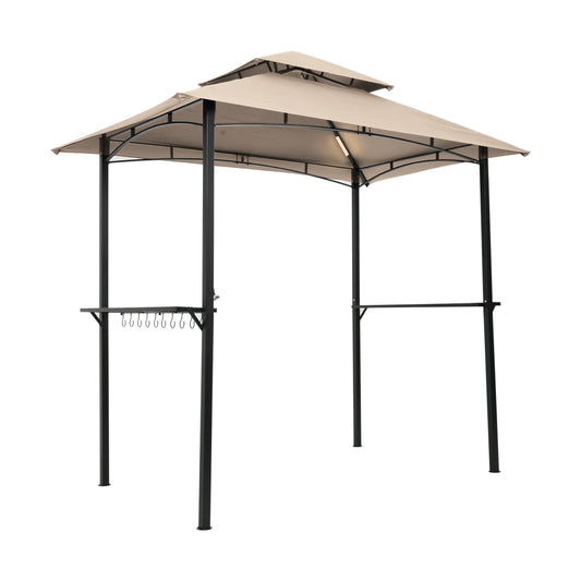 Outdoor Grill Gazebo With Light 8 x 5 Ft, Shelter Tent, Double Tier Soft Top Canopy And Steel Frame With Hook And Bar Counters, Khaki