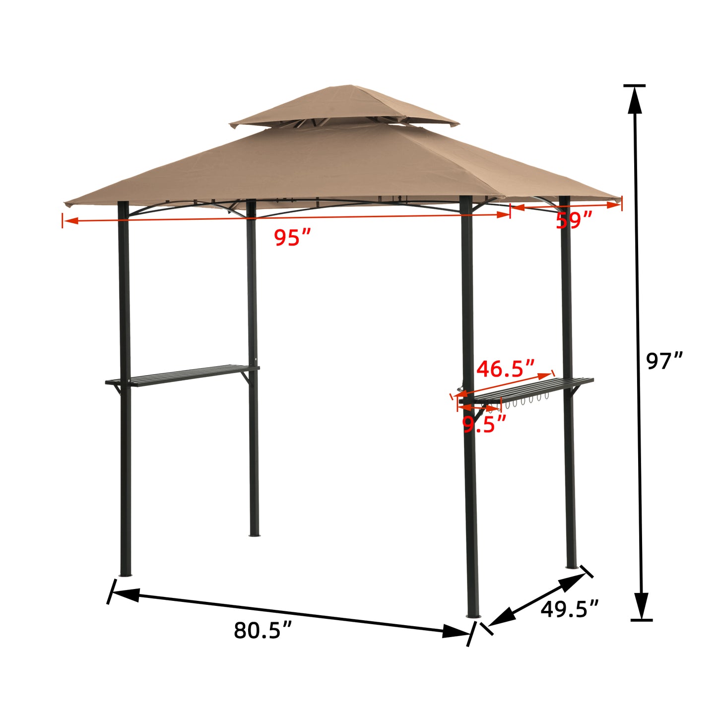 Outdoor Grill Gazebo With Light 8 x 5 Ft, Shelter Tent, Double Tier Soft Top Canopy And Steel Frame With Hook And Bar Counters, Khaki