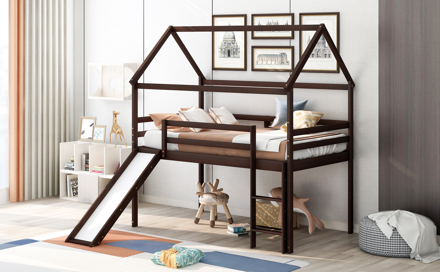 Twin Size Loft Bed with Slide, House Bed with Slide, Espresso