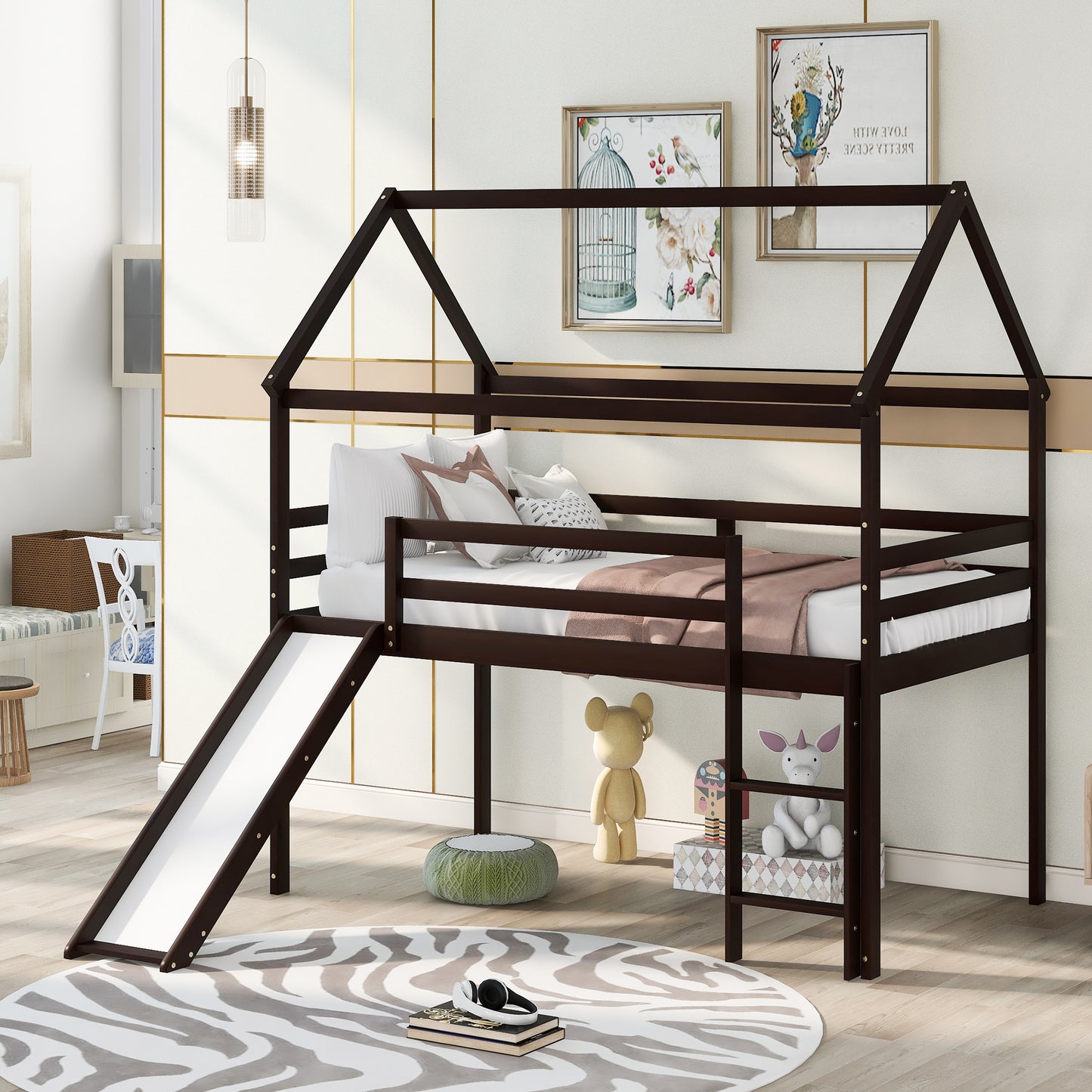 Twin Size Loft Bed with Slide, House Bed with Slide, Espresso