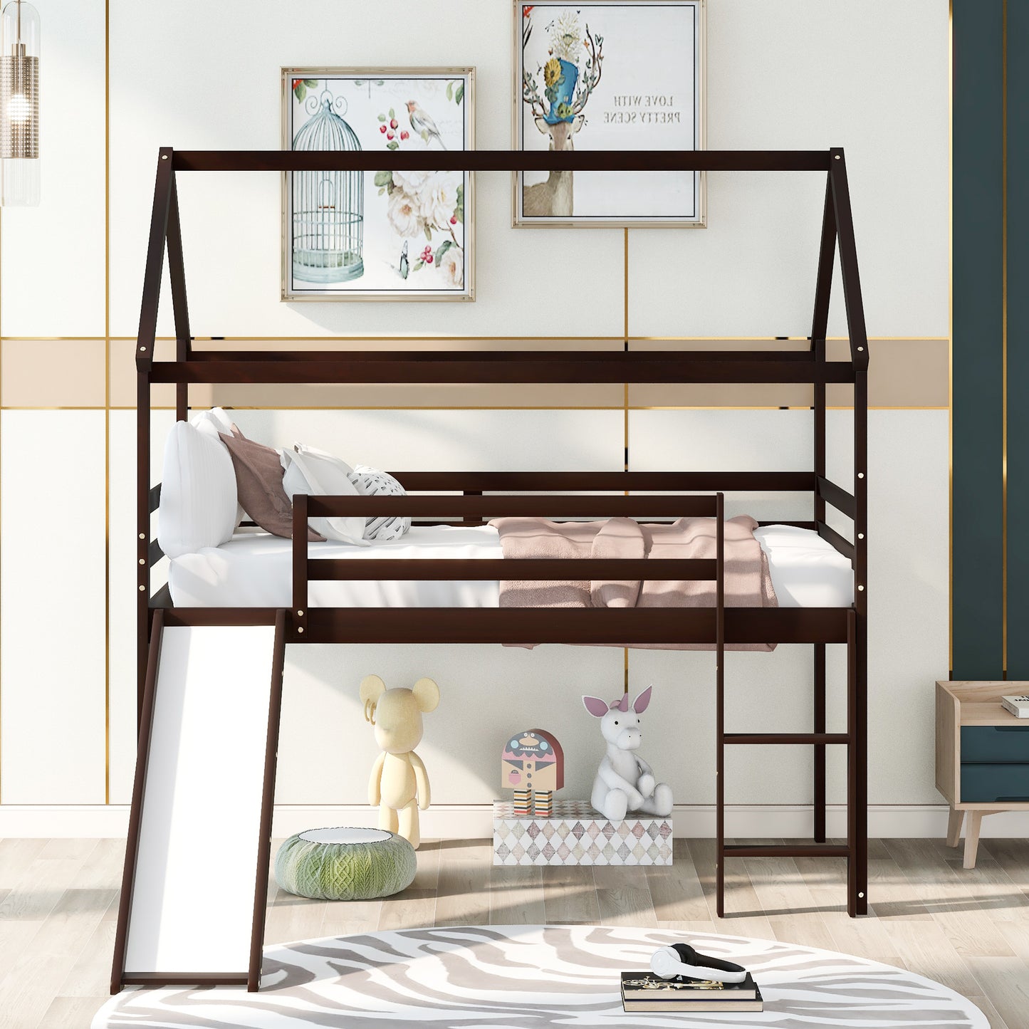 Twin Size Loft Bed with Slide, House Bed with Slide, Espresso