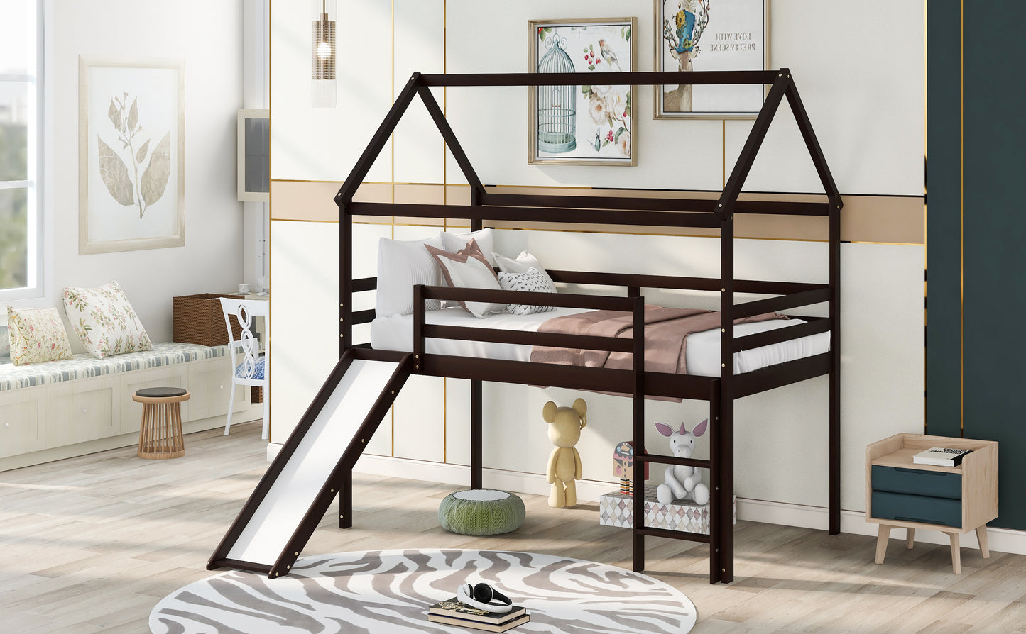 Twin Size Loft Bed with Slide, House Bed with Slide, Espresso