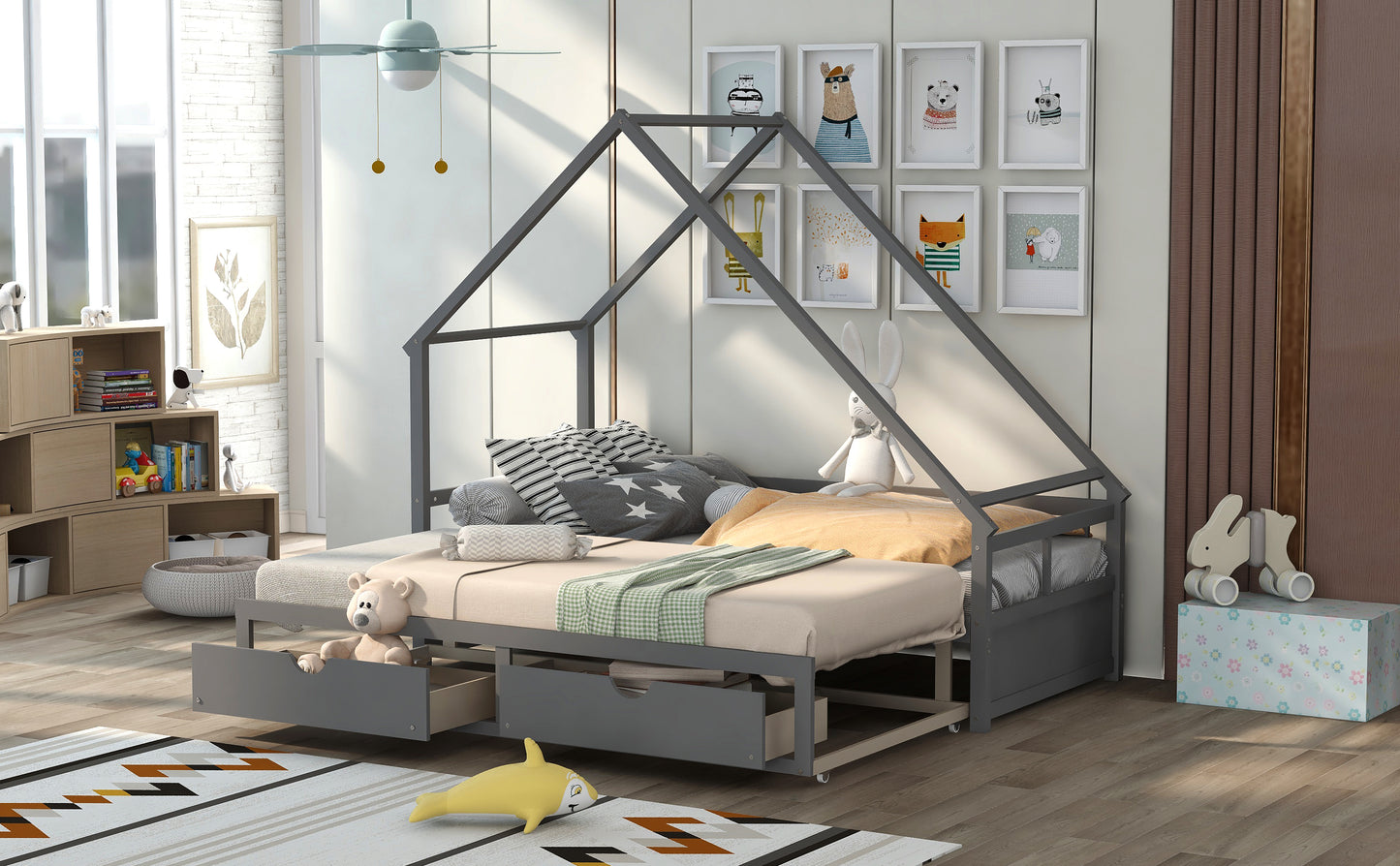 Extending Daybed with Two Drawers, Wooden House Bed with Drawers, Gray