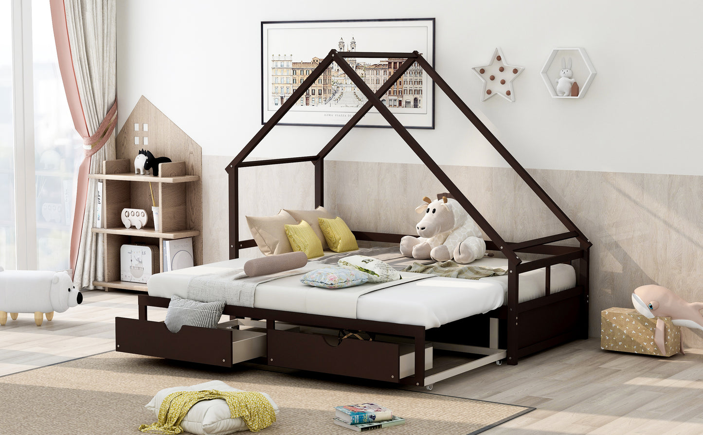 Extending Daybed with Two Drawers, Wooden House Bed with Drawers, Espresso