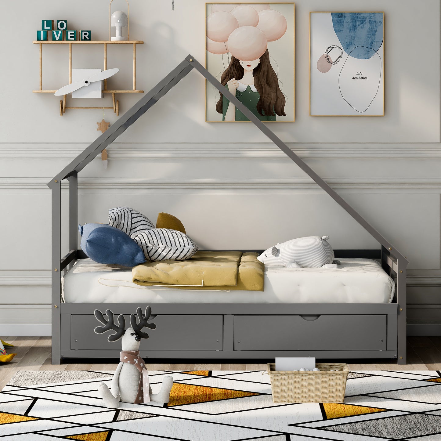 Extending Daybed with Two Drawers, Wooden House Bed with Drawers, Gray