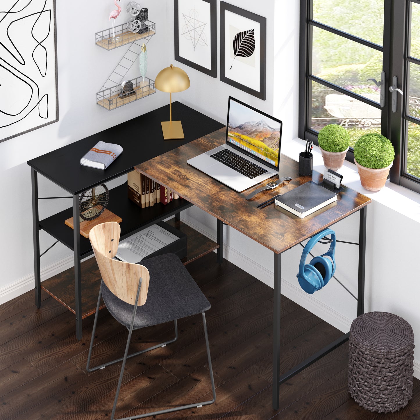 (West Express shipping warehousetwo days to deliver goods)L-shaped black linen + retro double color matching desk