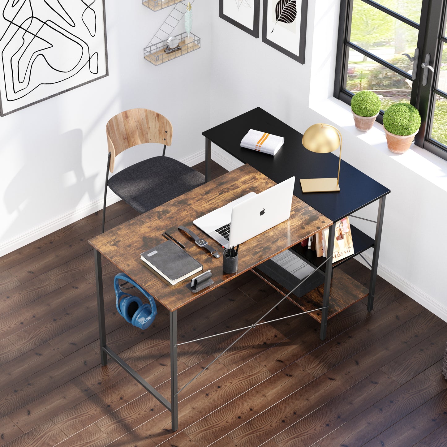 (West Express shipping warehousetwo days to deliver goods)L-shaped black linen + retro double color matching desk