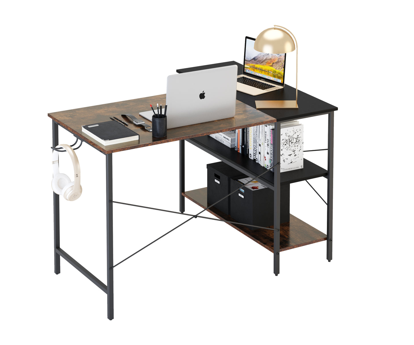 (West Express shipping warehousetwo days to deliver goods)L-shaped black linen + retro double color matching desk