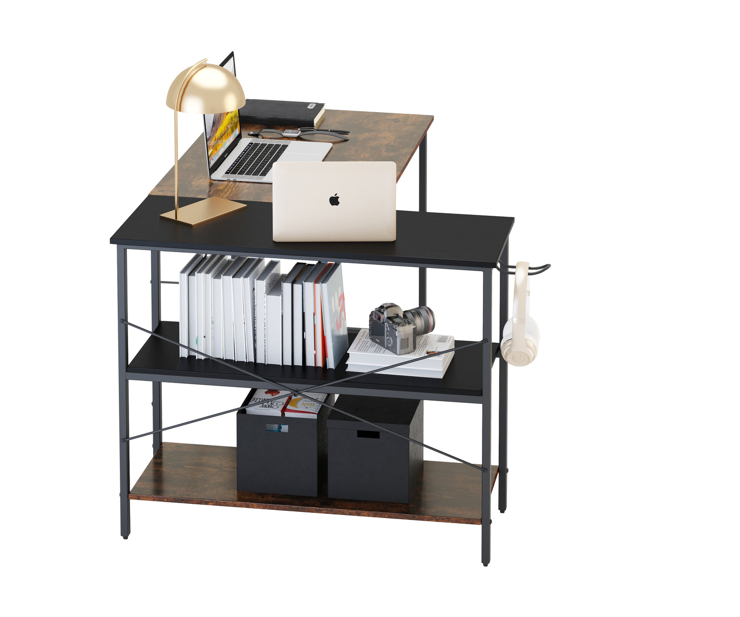 (West Express shipping warehousetwo days to deliver goods)L-shaped black linen + retro double color matching desk