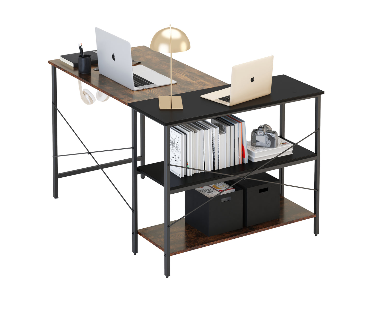 (West Express shipping warehousetwo days to deliver goods)L-shaped black linen + retro double color matching desk