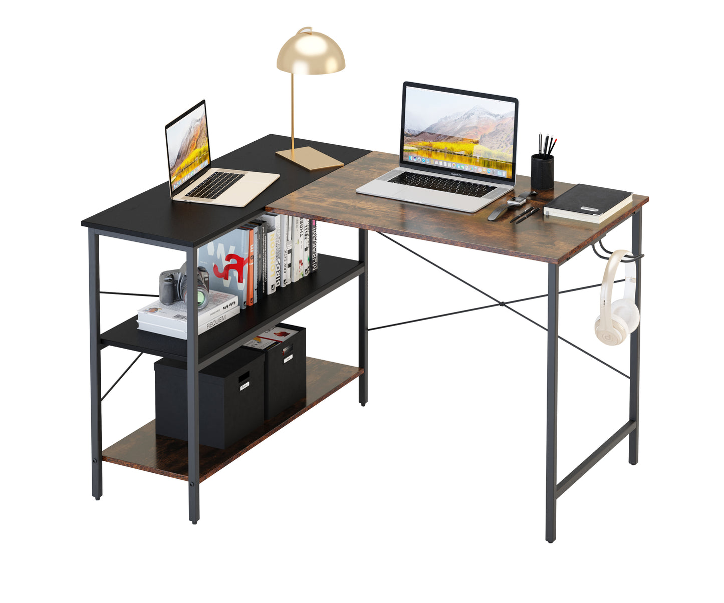 (West Express shipping warehousetwo days to deliver goods)L-shaped black linen + retro double color matching desk