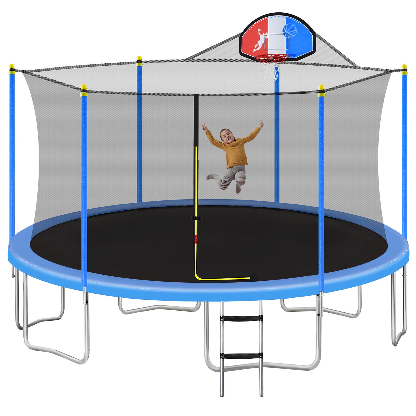 15FT Trampoline for Kids with Safety Enclosure Net, Basketball Hoop and Ladder, Easy Assembly Round Outdoor Recreational Trampoline