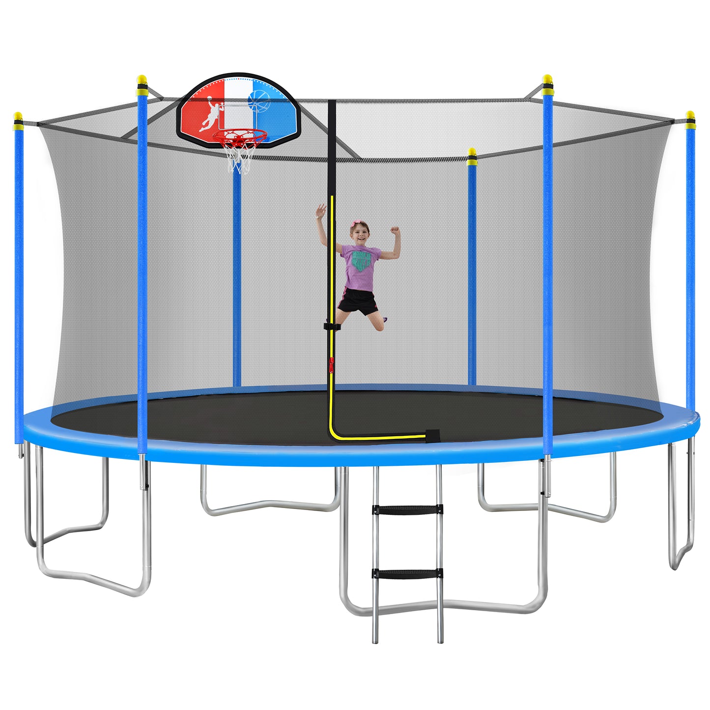 15FT Trampoline for Kids with Safety Enclosure Net, Basketball Hoop and Ladder, Easy Assembly Round Outdoor Recreational Trampoline