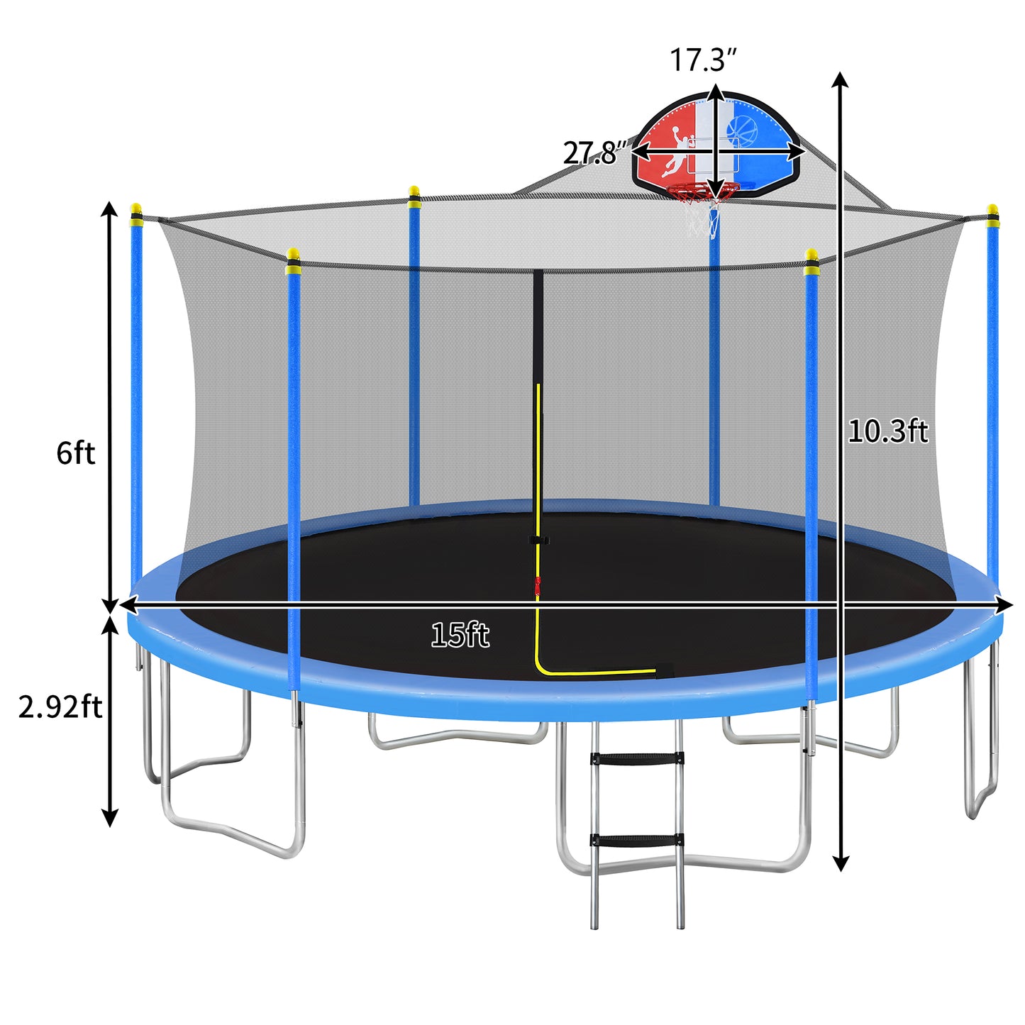 15FT Trampoline for Kids with Safety Enclosure Net, Basketball Hoop and Ladder, Easy Assembly Round Outdoor Recreational Trampoline