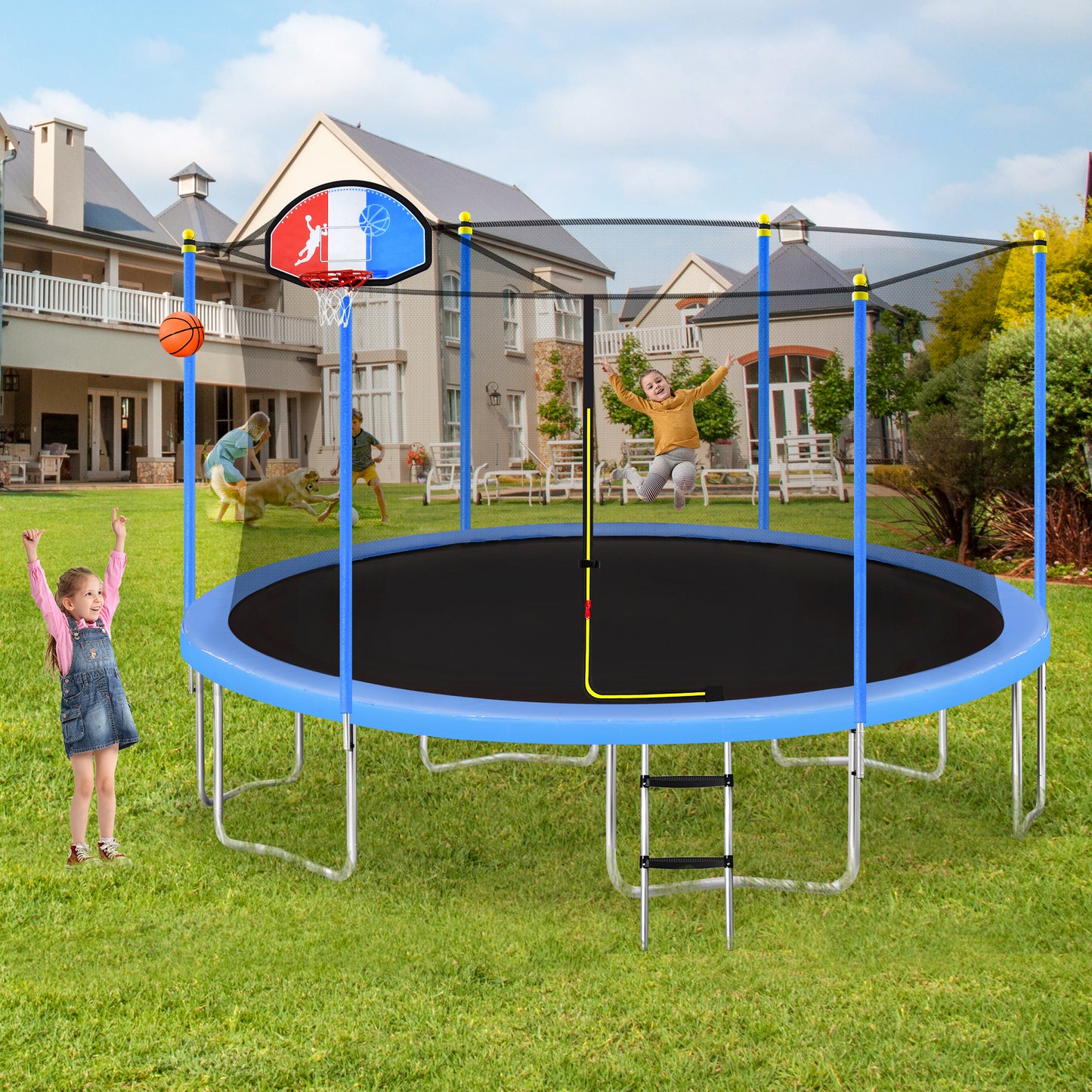 15FT Trampoline for Kids with Safety Enclosure Net, Basketball Hoop and Ladder, Easy Assembly Round Outdoor Recreational Trampoline