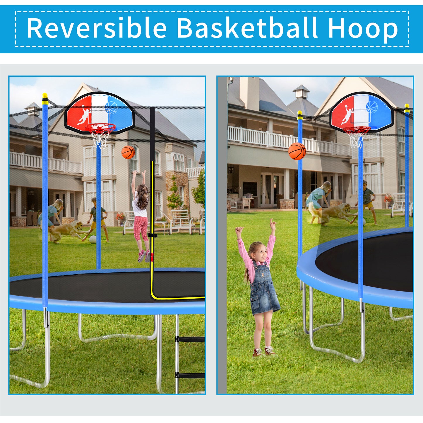 15FT Trampoline for Kids with Safety Enclosure Net, Basketball Hoop and Ladder, Easy Assembly Round Outdoor Recreational Trampoline