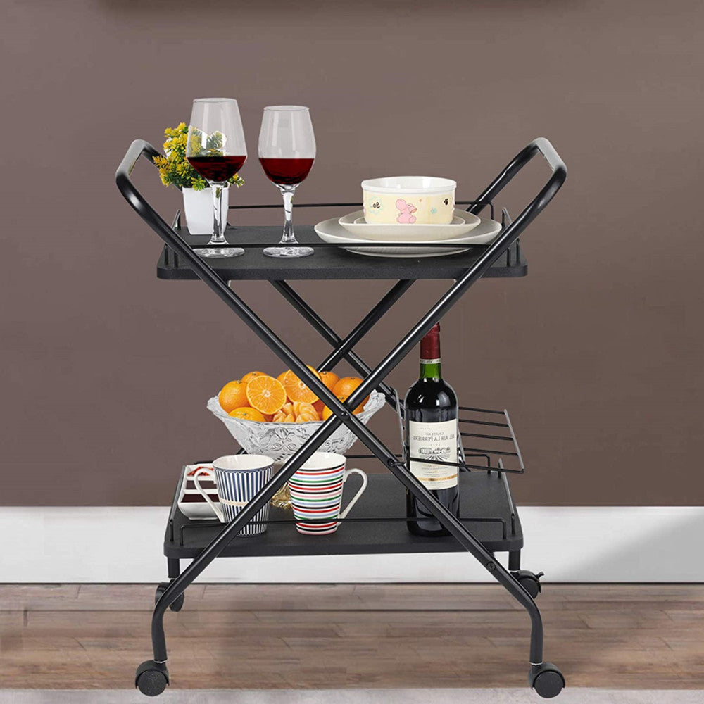 2-Tier Rolling Utility Cart with Wheels, Metal Bar Service Car With Wine Rack, Lockable Wheel, Multi-Functional Storage Rack For Bar Office And Kitchen