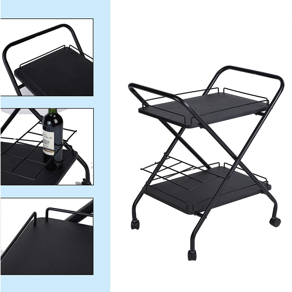 2-Tier Rolling Utility Cart with Wheels, Metal Bar Service Car With Wine Rack, Lockable Wheel, Multi-Functional Storage Rack For Bar Office And Kitchen