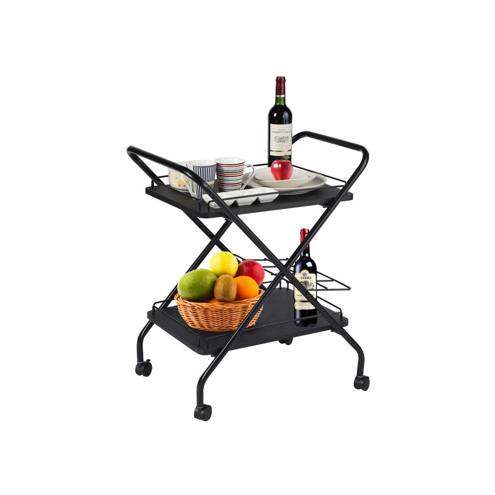 2-Tier Rolling Utility Cart with Wheels, Metal Bar Service Car With Wine Rack, Lockable Wheel, Multi-Functional Storage Rack For Bar Office And Kitchen