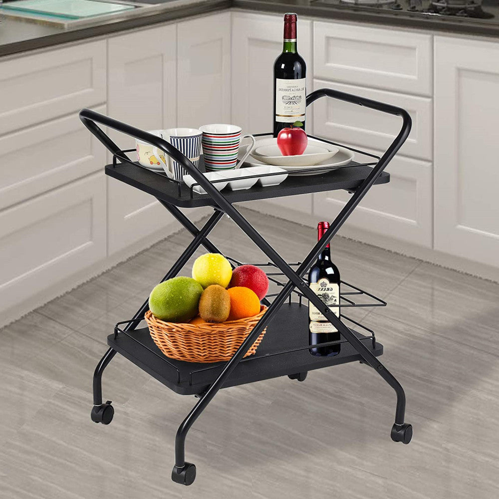 2-Tier Rolling Utility Cart with Wheels, Metal Bar Service Car With Wine Rack, Lockable Wheel, Multi-Functional Storage Rack For Bar Office And Kitchen