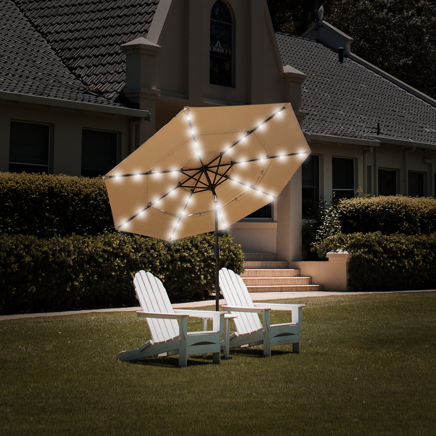 3 Tiers And 8 Ribs Outdoor Umbrella With 32 LED Lights,Patio Table Umbrella with Push Button Tilt And Crank,Beige