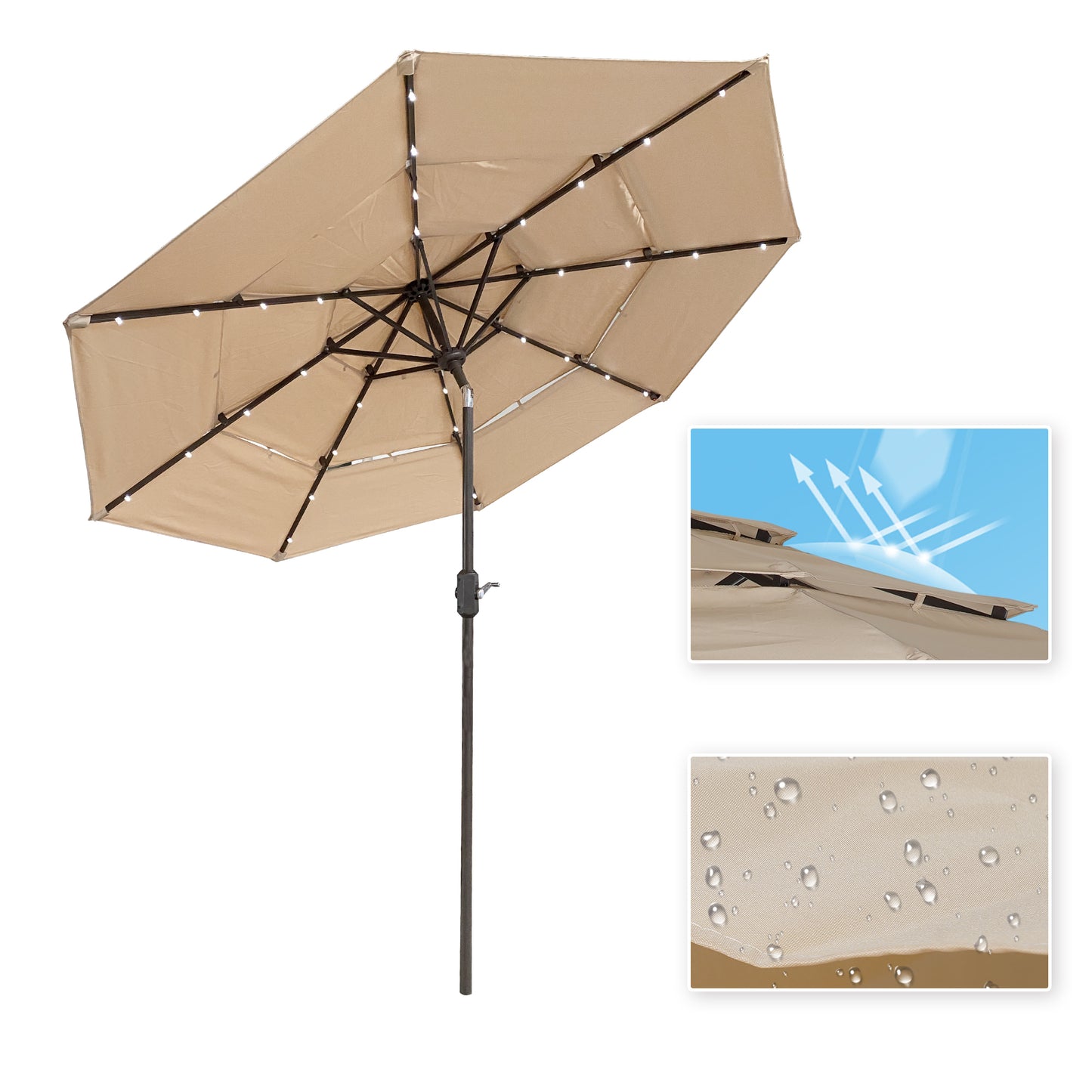 3 Tiers And 8 Ribs Outdoor Umbrella With 32 LED Lights,Patio Table Umbrella with Push Button Tilt And Crank,Beige