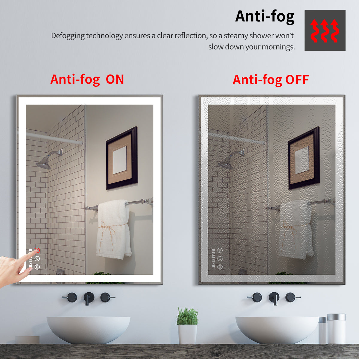 LED Bathroom Vanity Mirror Wall Mounted Adjustable White/Warm/Natural Lights Anti-Fog Touch Switch with Memory Modern Smart Large Bathroom Mirrors