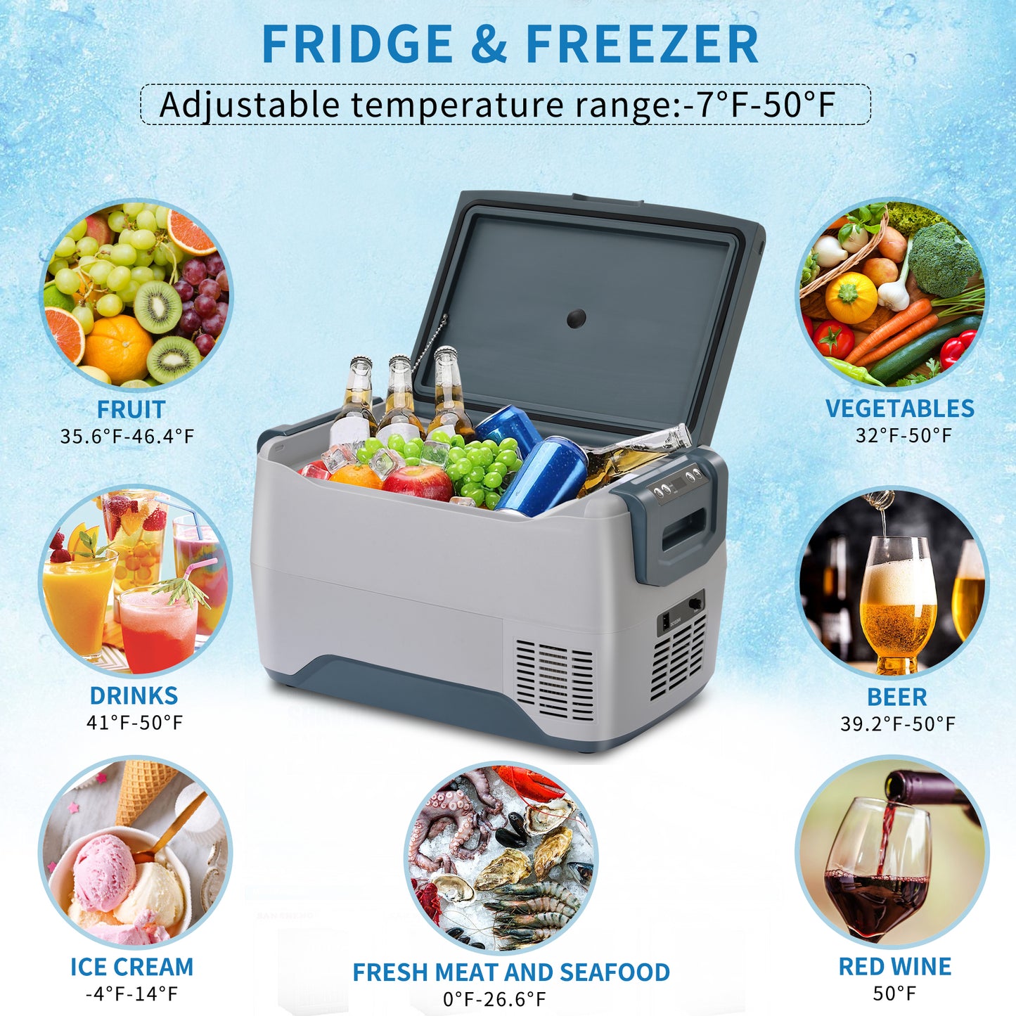 Car Fridge Portable Freezer Cooler with 12/24V DC, Travel Refrigerator for Vehicles, Car, Truck, RV, Camping BBQ, Patio Picnic and Fishing Outdoor