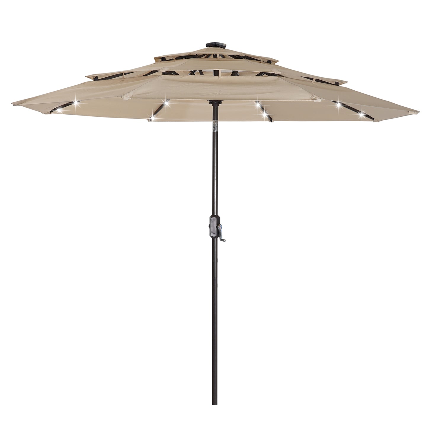 3 Tiers And 8 Ribs Outdoor Umbrella With 32 LED Lights,Patio Table Umbrella with Push Button Tilt And Crank,Beige