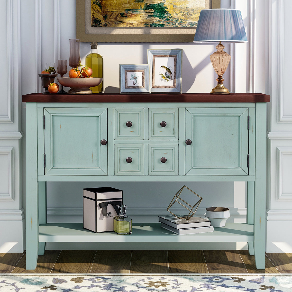 Cambridge Series Buffet Sideboard Console Table with Bottom Shelf (Retro Blue)