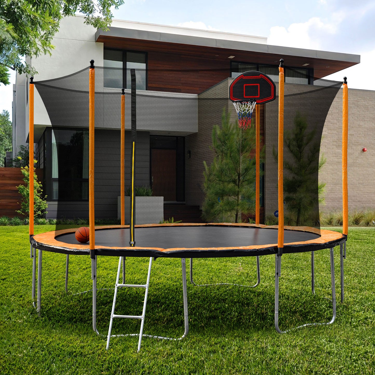 12FT Trampoline with Basketball Hoop Inflator and Ladder(Inner Safety Enclosure) Orange