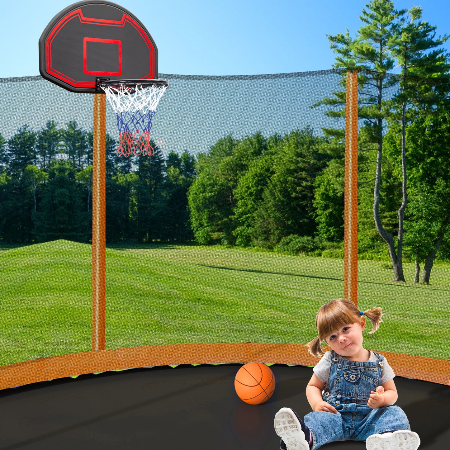 15FT Trampoline with Basketball Hoop Inflator and Ladder(Inner Safety Enclosure) Orange