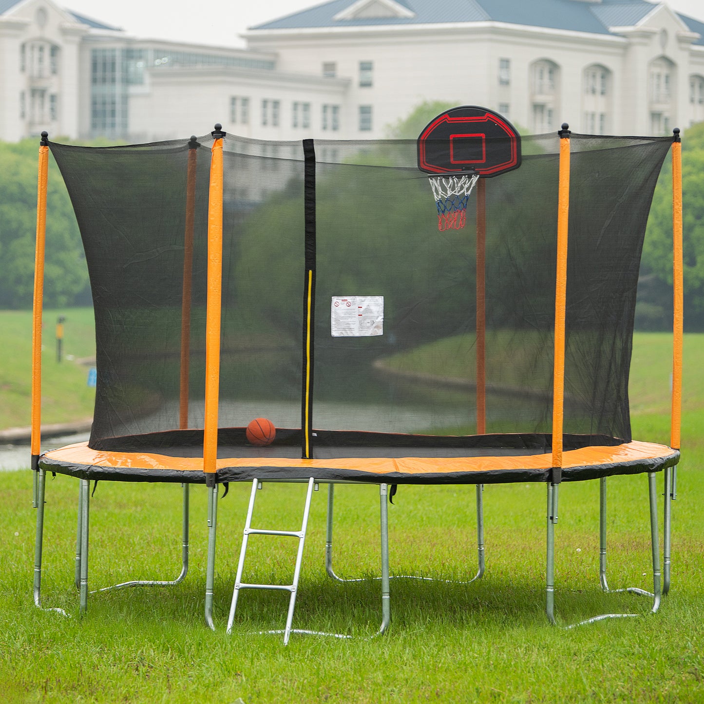 12FT Trampoline with Basketball Hoop Inflator and Ladder(Inner Safety Enclosure) Orange