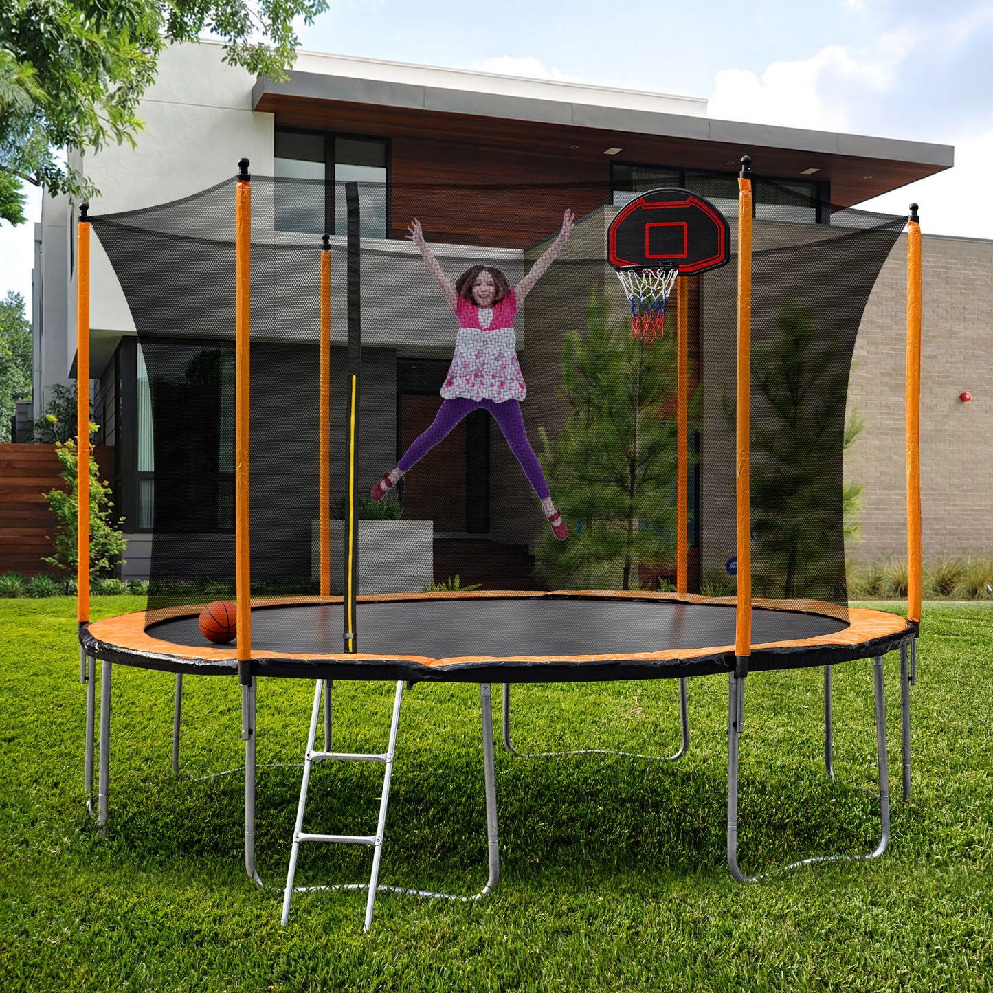 15FT Trampoline with Basketball Hoop Inflator and Ladder(Inner Safety Enclosure) Orange